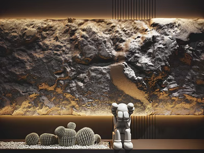 Rocky Textured Background Wall In Golden Gray Tones With White Sculpture And Cactus Decorations 3d model