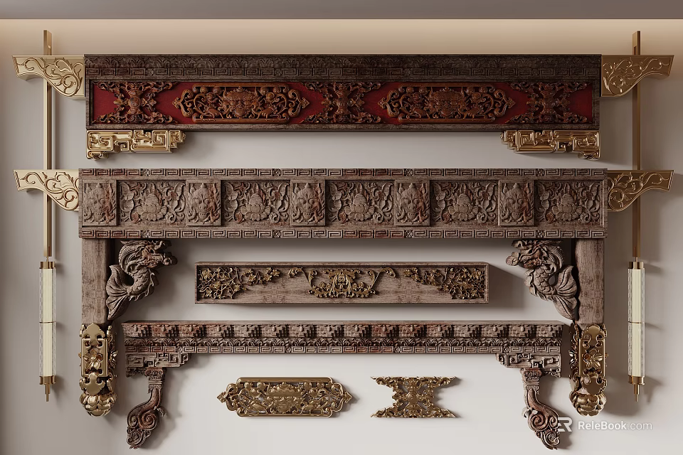 Traditional Intricate Carved Wooden Patterns On Various Decorative Panels And Frames 3d model 