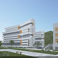 Modern Multi Story Office Building With White Brown Facade Green Landscaping And Walkways