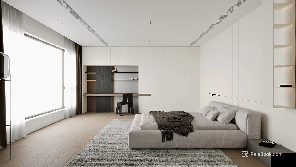Modern Desk Interior Design With Bookshelf Chair And Window View 3d model 