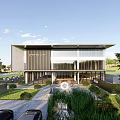 Modern Office Building With Large Glass Curtain Walls Landscaped Lawn And Outdoor Seating Area 3d model