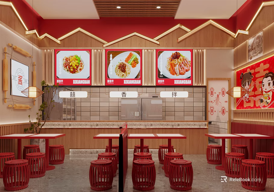 Traditional Chinese Restaurant Interior With Red Decor Wooden Elements And Food Display Screens 3d model 