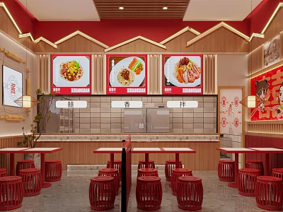 Traditional Chinese Restaurant Interior With Red Decor Wooden Elements And Food Display Screens 3d model