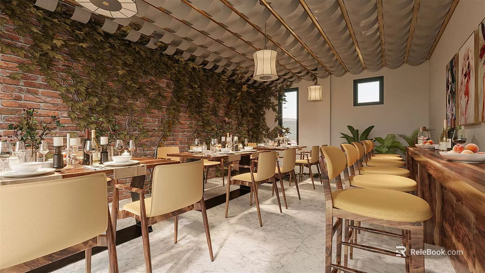 Cozy Restaurant Interior With Brick Wall Green Plants Pendant Lights Dining Tables And Chairs 3d model 