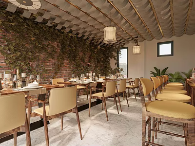 Cozy Restaurant Interior With Brick Wall Green Plants Pendant Lights Dining Tables And Chairs 3d model
