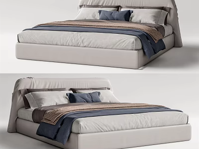 Modern Upholstered Double Bed With White Bedding Blue Pillows And Brown Throw Blanket 3d model