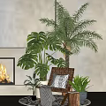 Indoor Bonsai Potted Plant Decor With Monstera Palm Natural Light Wicker Chair And Throw Pillow