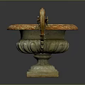 Orange and White Garden Ornament with Intricate Carvings Metal Handles and Square Base