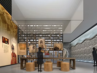 Cultural Center Interior Design With Exhibition Shelves Art Displays And Wooden Furniture 3d model