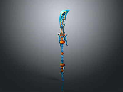 Decorative Blue And Orange Weapon With Sharp Blade And Long Handle Design 3d model