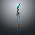 Decorative Blue And Orange Weapon With Sharp Blade And Long Handle Design 3d model