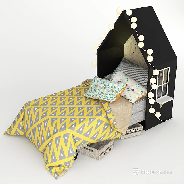 House Shaped Kids Bed With Yellow Gray Geometric Quilt String Lights And Pillows 3d model 