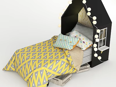 House Shaped Kids Bed With Yellow Gray Geometric Quilt String Lights And Pillows 3d model