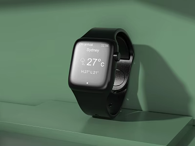 Black Smartwatch As Entertainment Device With Screen Displaying Temperature Date And Time On Green Platform 3d model