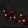 Fresh Red Cherries with Green Leaves Arranged on Gray Background