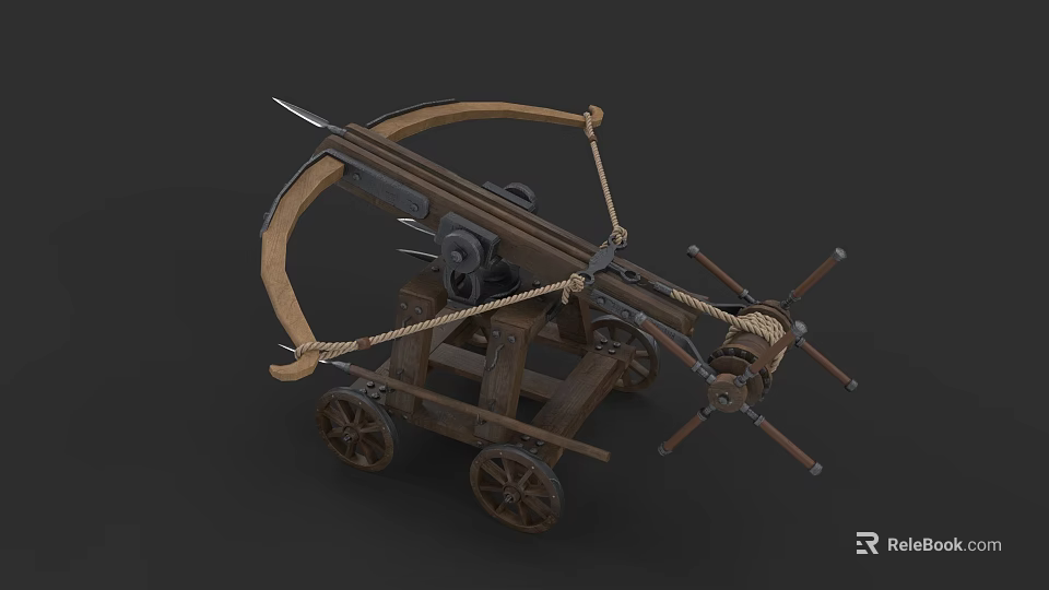 Ancient Wooden Crossbow Catapult With Wheels Bow Arms And Metal Parts 3d model 