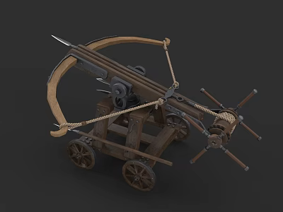 Ancient Wooden Crossbow Catapult With Wheels Bow Arms And Metal Parts 3d model