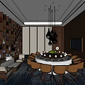 Elegant Private Dining Room Interior With Round Dining Table Chandeliers Bookshelf Wall And Sofa 3d model