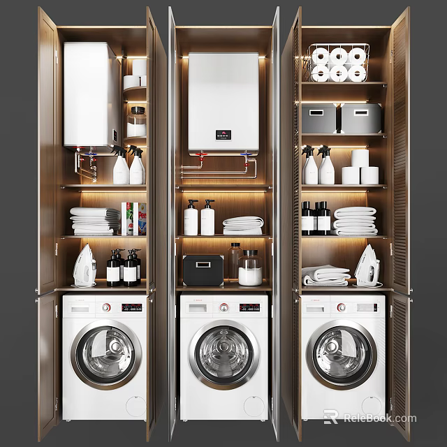 Three Washing Machines In Modern Laundry Room With Storage Cabinets And Detergent Towels Tissue Rolls 3d model 