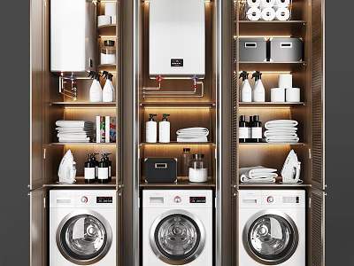 Three Washing Machines In Modern Laundry Room With Storage Cabinets And Detergent Towels Tissue Rolls 3d model