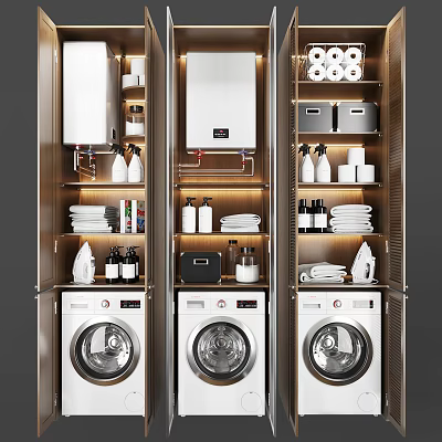 Three Washing Machines In Modern Laundry Room With Storage Cabinets And Detergent Towels Tissue Rolls 3d model