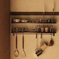Wall Mounted Kitchen Shelves With Bowls Plates Glass Jars And Hanging Utensils