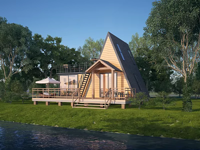 Scenic Wooden Cabin With Triangular Roof Waterfront Lush Trees Wooden Deck And Stairs 3d model