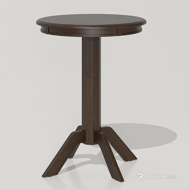 Round Dark Wooden Dining Table with Three Legged Base and Simple Design 3d model