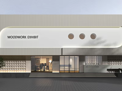 Woodwork Exhibit Storefront with White Facade Three Circular Holes and Glass Entrance Doors 3d model