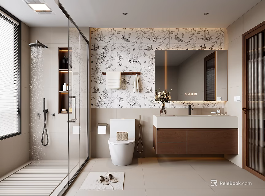 Modern Bathroom Interior with Glass Shower Floral Wall Toilet Vanity Sink Mirror and Natural Light 3d model 