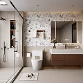 Modern Bathroom Interior with Glass Shower Floral Wall Toilet Vanity Sink Mirror and Natural Light