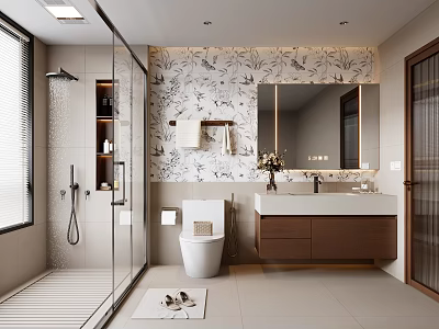 Modern Bathroom Interior with Glass Shower Floral Wall Toilet Vanity Sink Mirror and Natural Light 3d model