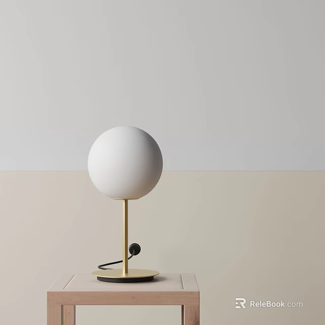 Modern White Spherical Table Lamp With Golden Pole And Black Base In Minimalist Interior 3d model 