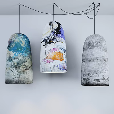 Three Artistic Pendant Lights With Colorful Patterns And Textured Gray Design Hanging On White Background 3d model