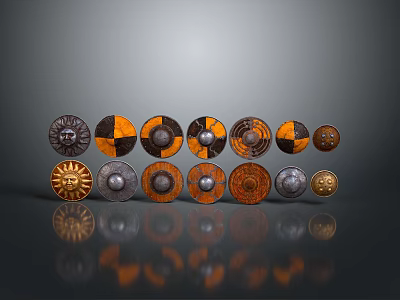 Multiple Decorative Shields With Intricate Patterns And Metallic Orange Black Accents 3d model