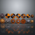 Multiple Decorative Shields With Intricate Patterns And Metallic Orange Black Accents