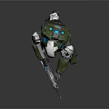 Futuristic Character In Green White Armor Holding Gun As Sci Fi Warrior Creature