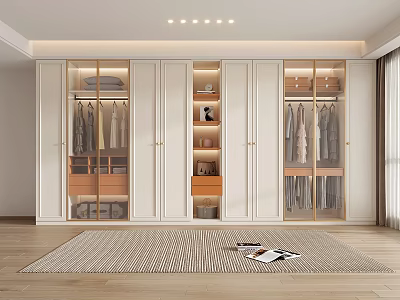 Modern Wardrobe Interior With Glass Doors Open Shelves Hanging Rods And Drawers 3d model
