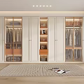 Modern Wardrobe Interior With Glass Doors Open Shelves Hanging Rods And Drawers