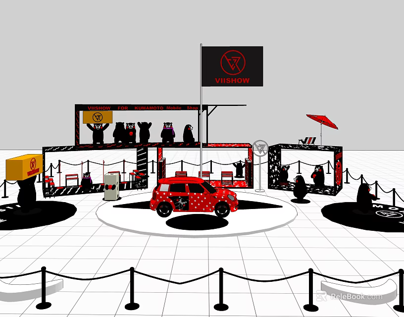 Volkswagen Red Polka Dot Car Display Booth With Flag Figures And Ropes 3d model 