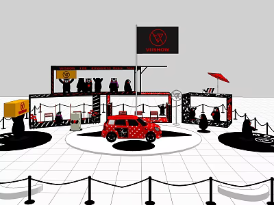 Volkswagen Red Polka Dot Car Display Booth With Flag Figures And Ropes 3d model