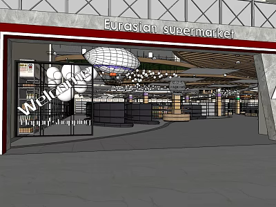 Eurasian Supermarket Entrance And Well Lit Interior With Shelves Grocery Items 3d model