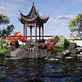 Rockery Stones In Garden With Pond Lotus Leaves Traditional Pagoda And Red Leaf Trees