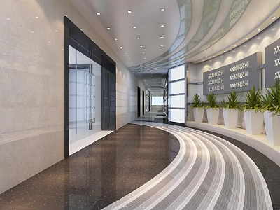 Modern Office Corridor Interior With Marble Floor Glass Doors Potted Plants And Recessed Lighting 3d model