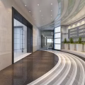 Modern Office Corridor Interior With Marble Floor Glass Doors Potted Plants And Recessed Lighting