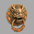 Traditional Brass Door Knocker With Dragon Shaped Carving And Orange Decorations