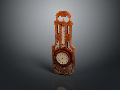 Vintage Carved Brown Thermometer And Clock Device With Classic Design For Temperature And Time 3d model