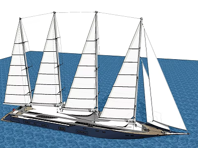 Modern Sailboat With Multiple White Sails And Tall Masts On Blue Sea 3d model