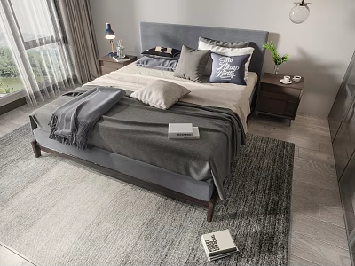 Modern Double Bed with Gray Headboard Pillows Blanket Nightstand Lamp Green Plant Near Window Curtains 3d model