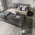 Modern Double Bed with Gray Headboard Pillows Blanket Nightstand Lamp Green Plant Near Window Curtains